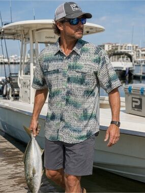 Pelagic Fish Scale Performance Fishing Shirt Vented Short Sleeve Green Blue
